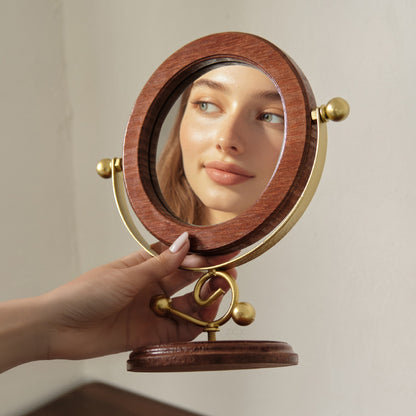 Gold and Brown Vintage Solid Wood Makeup Mirror - 360° Rotating Desktop Vanity Mirror