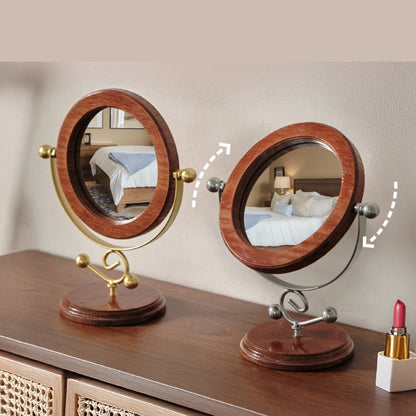 Gold and Brown Vintage Solid Wood Makeup Mirror - 360° Rotating Desktop Vanity Mirror