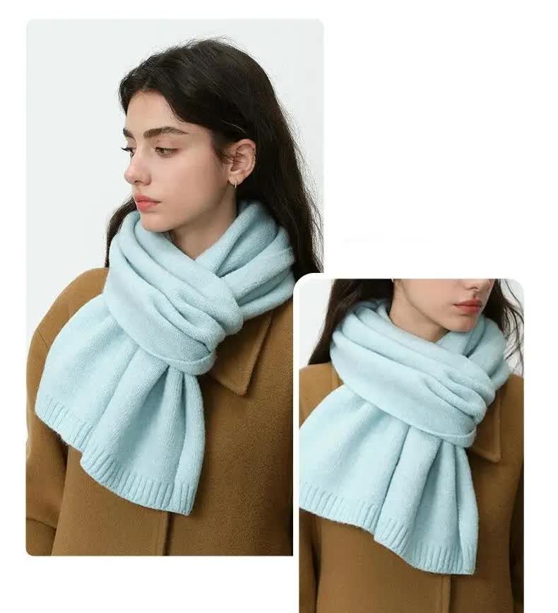 Blue Soft Wool-Blend Solid Color Knit Scarf for Women - Cozy Faux Cashmere Shawl