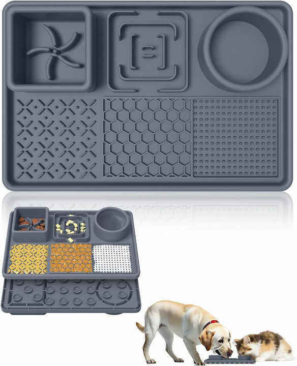 Grey Multi-Functional Pet Slow Feeder Lick Mat - Durable Food-Grade Silicone Anti-Bite Bowl for Dogs