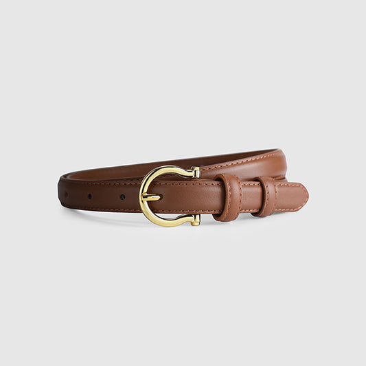 100CM Brown Elegant French Gold Buckle Genuine Leather Belt - Luxurious Lightweight Women's Waist Belt