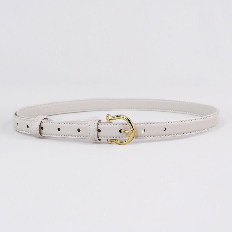 100CM White Elegant French Gold Buckle Genuine Leather Belt - Luxurious Lightweight Women's Waist Belt