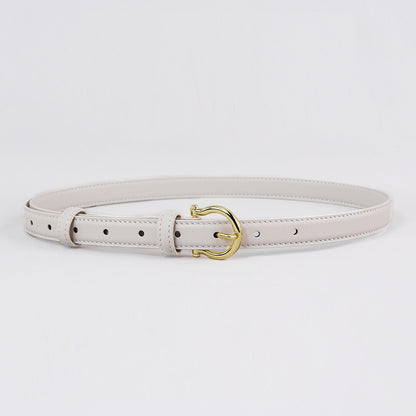 100CM White Elegant French Gold Buckle Genuine Leather Belt - Luxurious Lightweight Women's Waist Belt