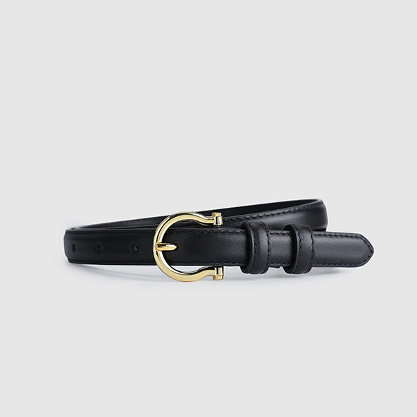 95CM Black Elegant French Gold Buckle Genuine Leather Belt - Luxurious Lightweight Women's Waist Belt