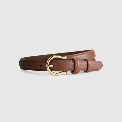 95CM Brown Elegant French Gold Buckle Genuine Leather Belt - Luxurious Lightweight Women's Waist Belt