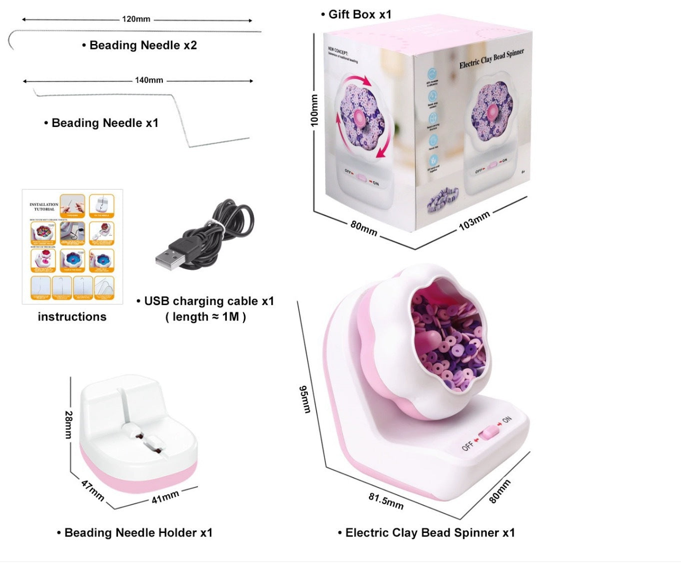 Light Pink DIY Electric Bead Spinner - Jewelry Making Tool with USB Charging