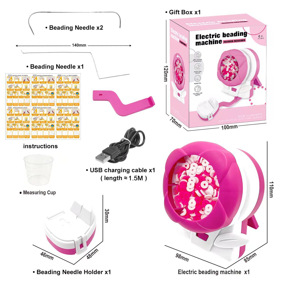 Pink Automatic Bead Loader - Electric DIY Jewelry Making Kit with Accessories