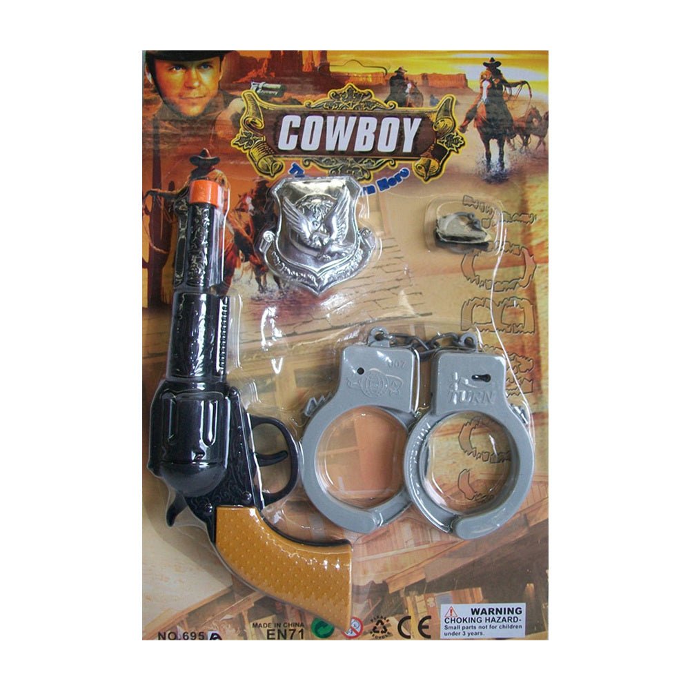 Toy cowboy gun and handcuff play set