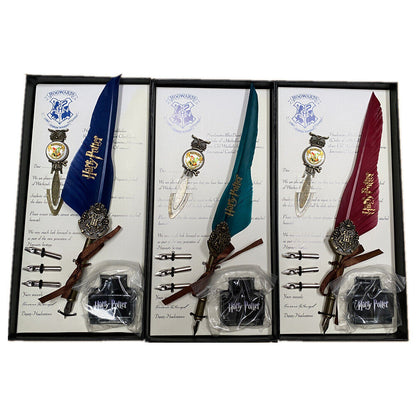 Harry Potter Vintage Feather Dip Pen Writing Set with ink Calligraphy Quill Pen Gifts - CLARET RED