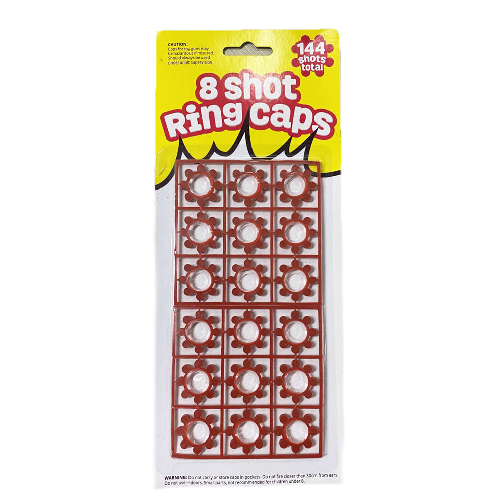 Packaging of 8 shot ring caps with a yellow and white design.