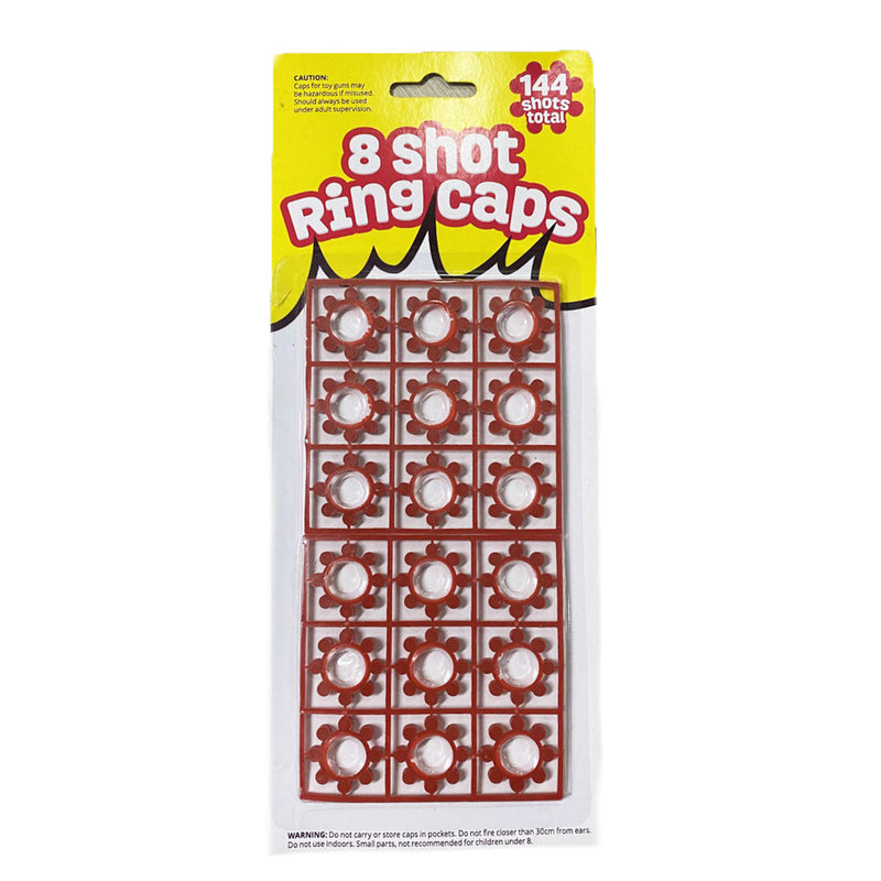 Packaging of 8 shot ring caps with a yellow and white design.
