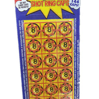 Pack of shot ring caps with yellow and red design on a white background
