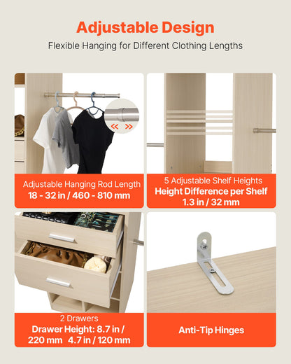 VEVOR Closet System with 2 Drawers, Adjustable Height Wooden Closet Organizers, Modern Walk-in Wardrobe Organization with 5 Retractable Clothes Hanger Rods, Freestanding Garment Rack Storage, Grey