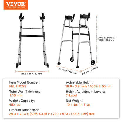 VEVOR 2 in 1 Folding Walker & Removable Armrests, Height Adjustable Foldable Walker with 5" Solid Wheels, Lightweight Aluminum | Front Wheeled Mobility Aid for Elderly Handicapped Disabled, 450 Pounds