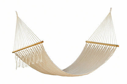 Mayan Legacy Queen Size Outdoor Cotton Mexican Resort Hammock With Fringe in Cream Colour