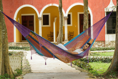 Outdoor undercover cotton Mayan Legacy hammock with hand crocheted tassels King Size Colorina