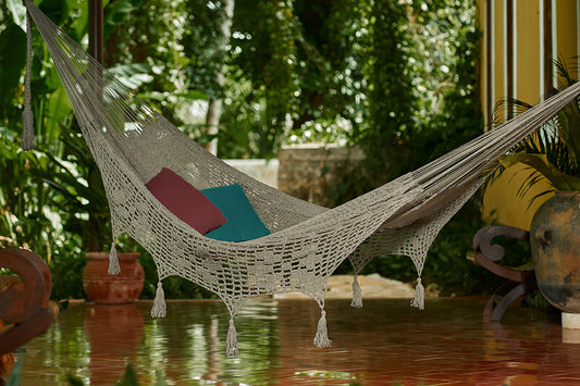 Outdoor undercover cotton Mayan Legacy hammock with hand crocheted tassels King Size Dream Sands