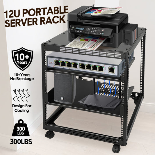 Alston 12U Open Frame Server Rack Hifi Device Rack with Vented Shelves Heavy Duty 4-Post AV/IT Network Rack Free Standing with Lockable Casters