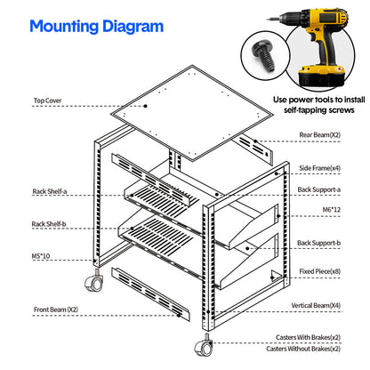 Alston 12U Open Frame Server Rack Hifi Device Rack with Vented Shelves Heavy Duty 4-Post AV/IT Network Rack Free Standing with Lockable Casters