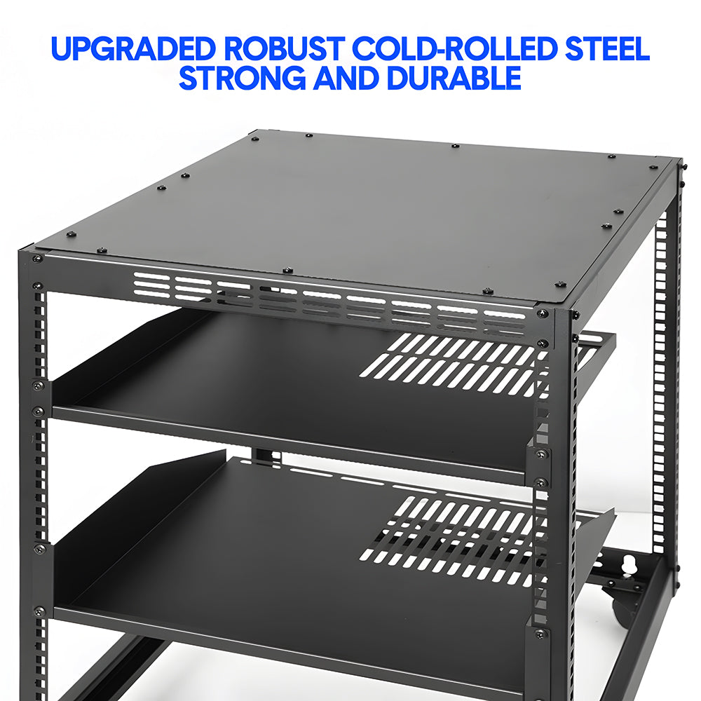 Alston 12U Open Frame Server Rack Hifi Device Rack with Vented Shelves Heavy Duty 4-Post AV/IT Network Rack Free Standing with Lockable Casters