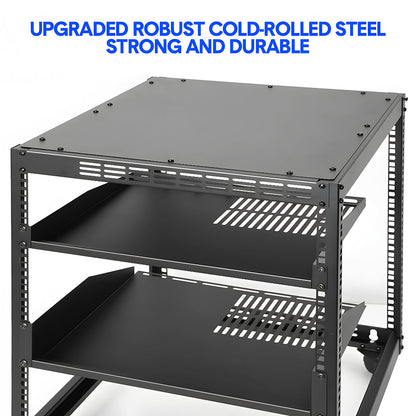 Alston 12U Open Frame Server Rack Hifi Device Rack with Vented Shelves Heavy Duty 4-Post AV/IT Network Rack Free Standing with Lockable Casters