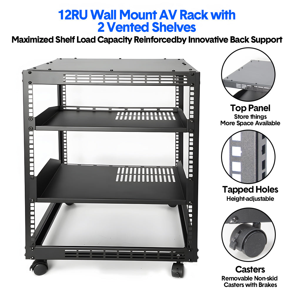 Alston 12U Open Frame Server Rack Hifi Device Rack with Vented Shelves Heavy Duty 4-Post AV/IT Network Rack Free Standing with Lockable Casters
