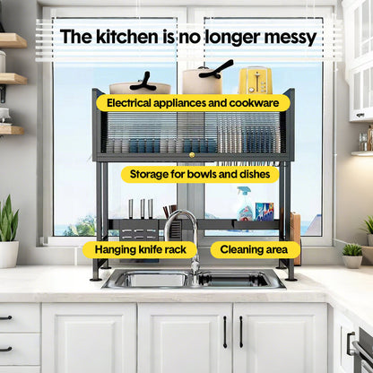Over The Sink Dish Drying Rack Carbon Steel Dish Drainer Drying Rack 85cm Long Sink Caddy with Door and Multiple Utensils Holders Large Capacity