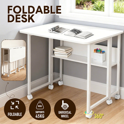 Compat Foldable Desk Rolling Study Desk Small Computer Desk with Wheels and Storage Shelf for Small Spaces Study Home Office Dorm Easy Assembly White
