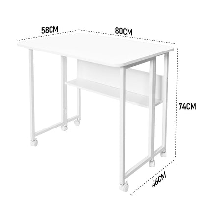 Compat Foldable Desk Rolling Study Desk Small Computer Desk with Wheels and Storage Shelf for Small Spaces Study Home Office Dorm Easy Assembly White