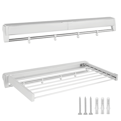 Alston Wall Mounted Drying Rack Clothes Airer Space Saver Folding Dryer Bearing Capacity 12KG Foldable Rail With Hooks Indoor Outdoor Balcony Laundry White