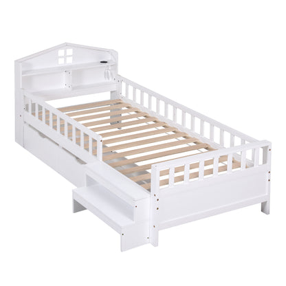 Artiss Single Bed Frame with 2 Storage Drawers, Montessori Bed with Headboard, 2 USB Ports & Led Light, Solid Wood Platform Bed Base with Safety Rail & Ladder, 31CM Under-Bed Storage, White