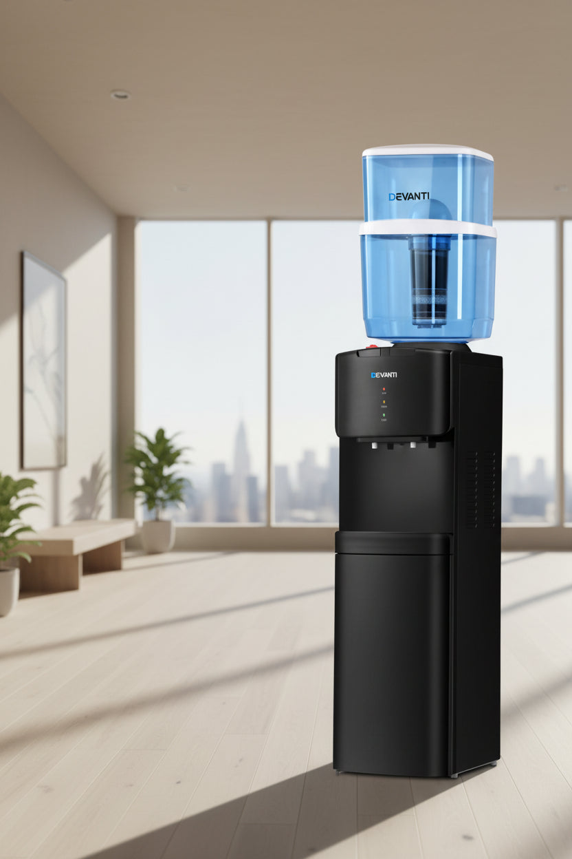 Devanti water dispenser with blue water tank on a white background