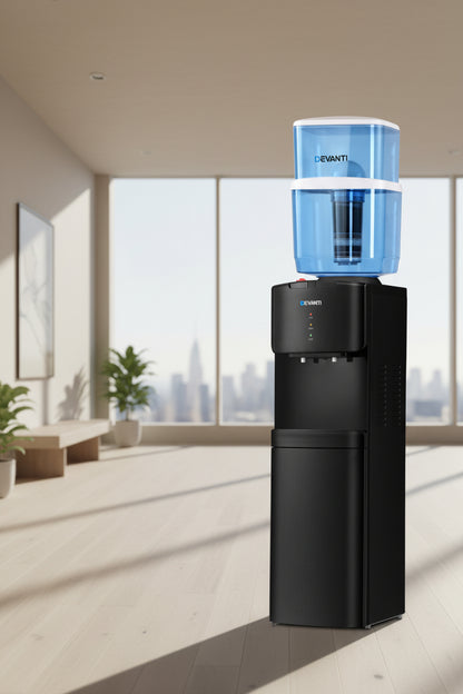 Devanti water dispenser with blue water tank on a white background