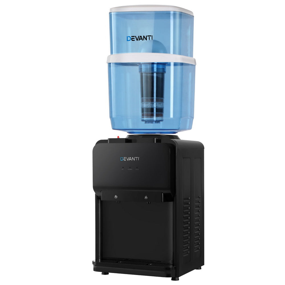 Devanti water dispenser with blue water tank on a white background