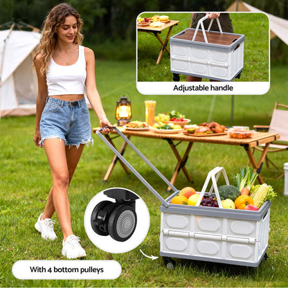 Gardeon Collapsible Outdoor Storage Box 54L Stackable Folding Camping Organizer Wheels Plywood Lid Beige