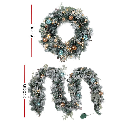 Jingle Jollys 2.7m Christmas Garland with Wreath Set LED Lights Snowy Xmas Decor