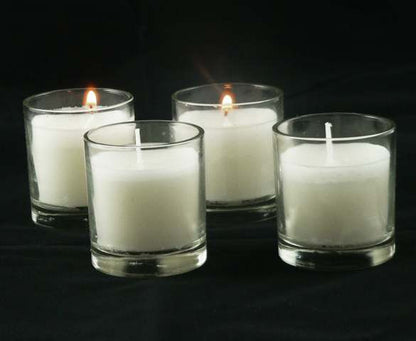 10 White Wax Clear Glass Holder Votive Candle - Wedding Event Centrepiece Table Decoration