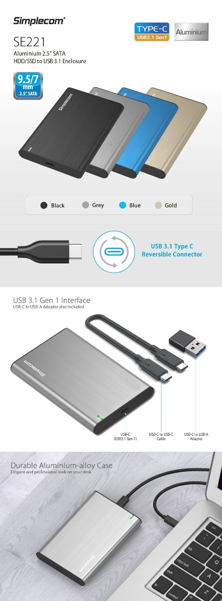 Simplecom SE221 Aluminium 2.5'' SATA HDD/SSD to USB 3.1 Enclosure Gold