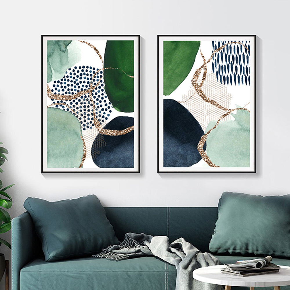 Wall Art 70cmx100cm Abstract Green and Navy 2 Sets Black Frame Canvas