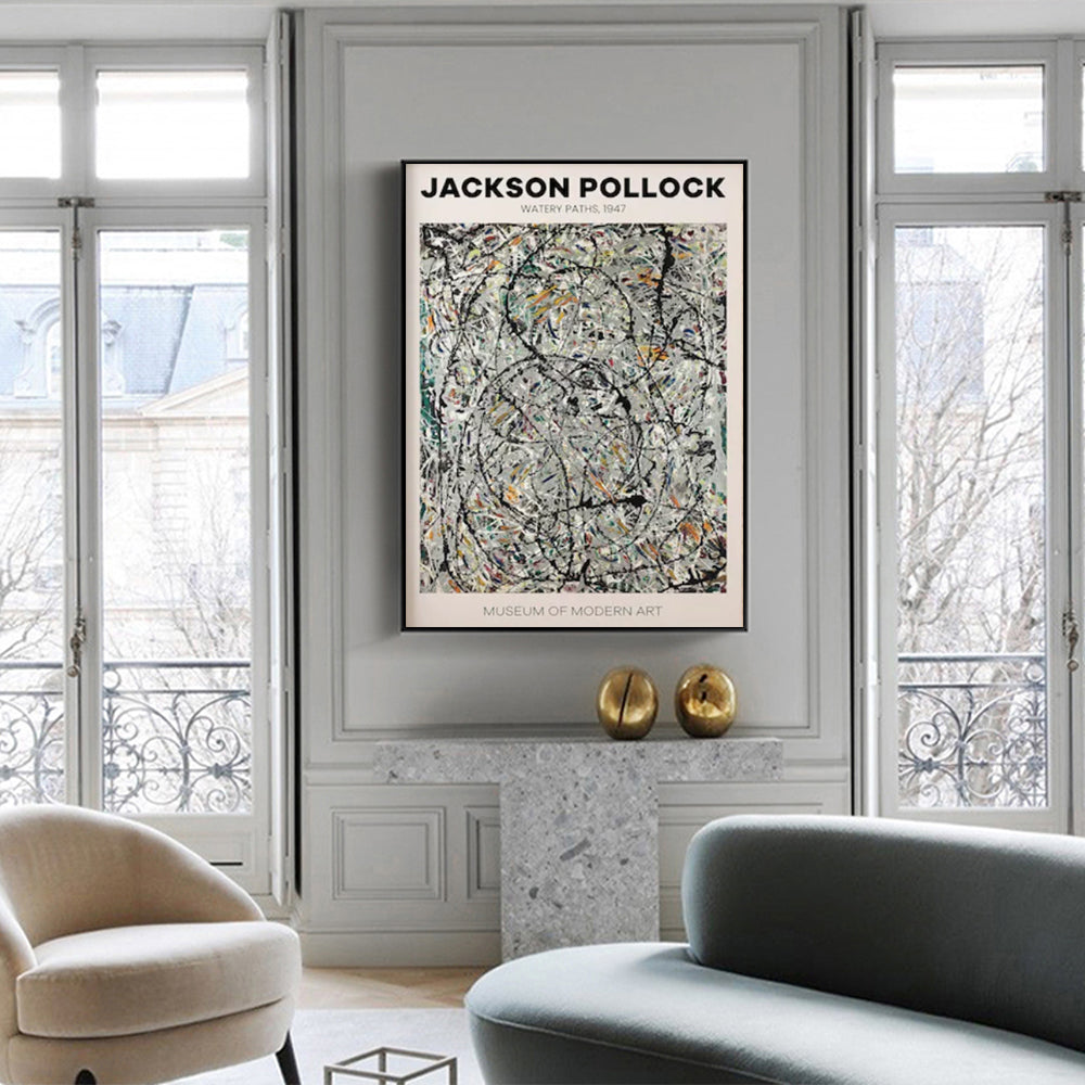 Wall Art 90cmx135cm Jackson Pollock Exhibition III Black Frame Canvas