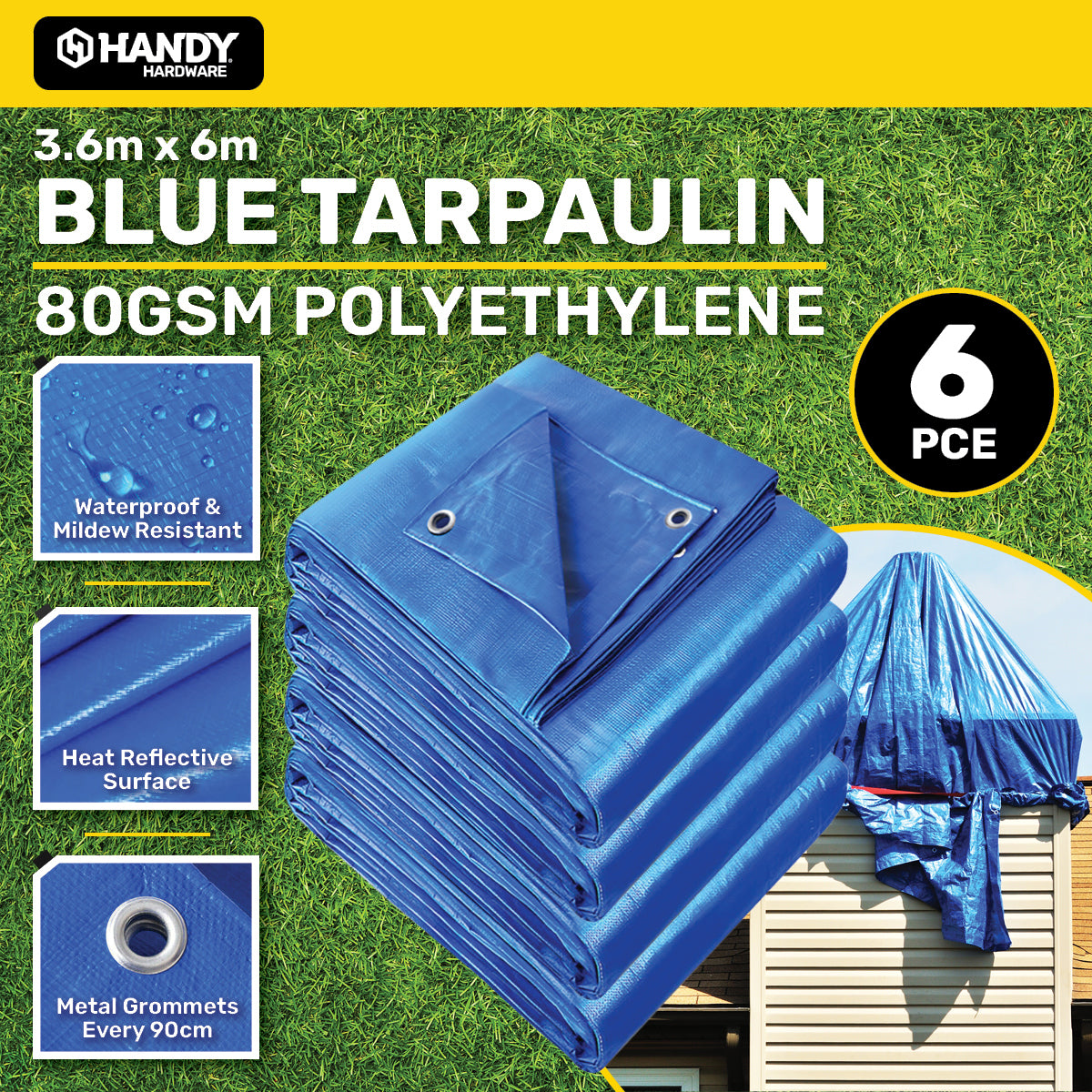 Handy Hardware 6PCE 80GSM BlueTarpaulin UV Resistant Waterproof 3.6 x 6m