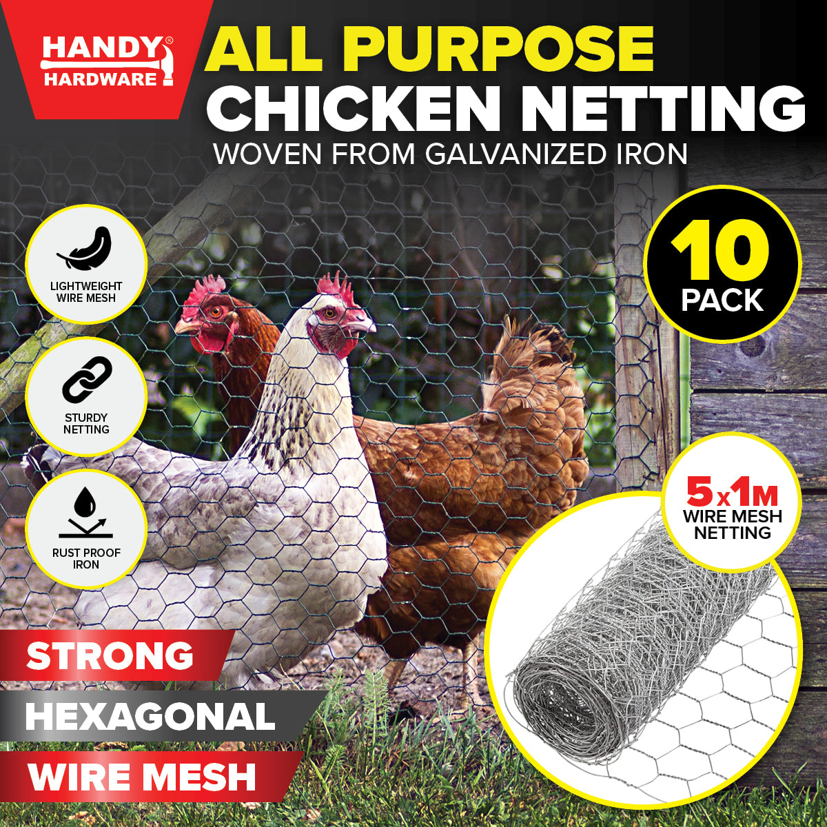 Handy Hardware 10PCE Chicken Wire/Mesh Rust Proof Lightweight Sturdy 5 x 1m