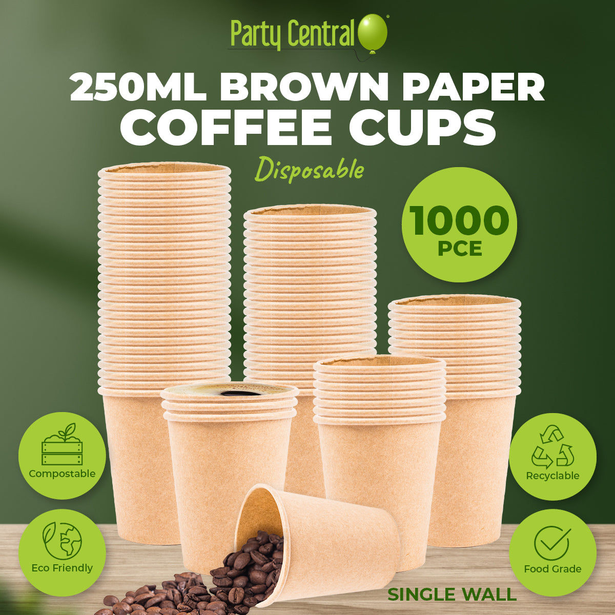 Party Central 1000PCE 250ml Coffee Cups Disposable Recycable 6.5 x 9cm