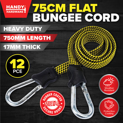 Handy Hardware 12PCE Flat Bungee Cords Carabiner Hooks Weather Resistant 75cm