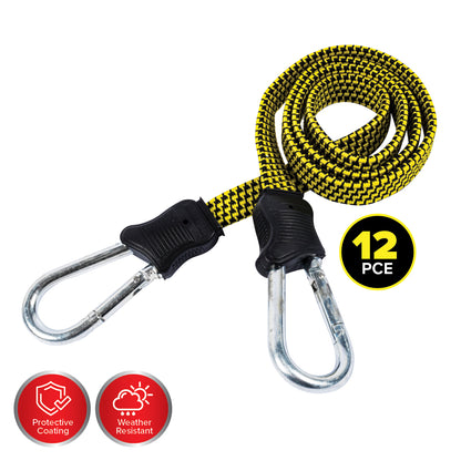 Handy Hardware 12PCE Flat Bungee Cords Carabiner Hooks Weather Resistant 75cm