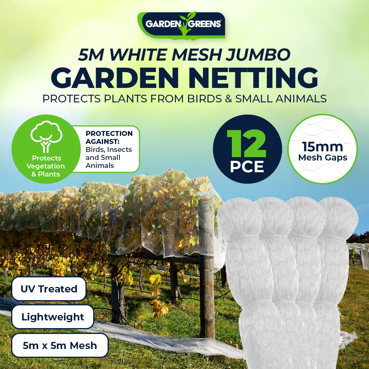 Garden Greens 12PCE Protective Garden Netting UV Treated Lightweight 5m