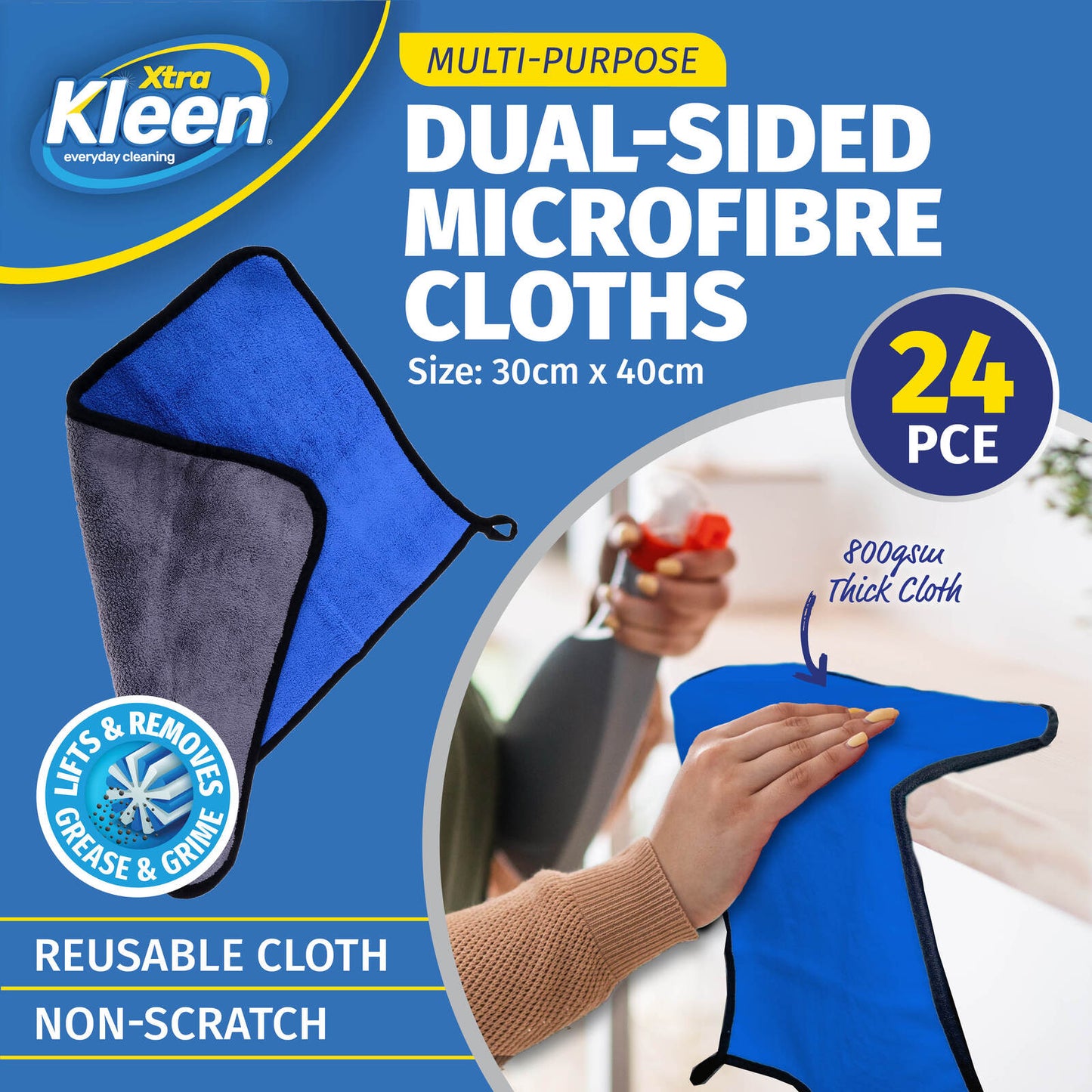 Xtra Kleen 24PCE Dual Sided Microfibre Cloth Non-Scratch Lint Free 30 x 40cm