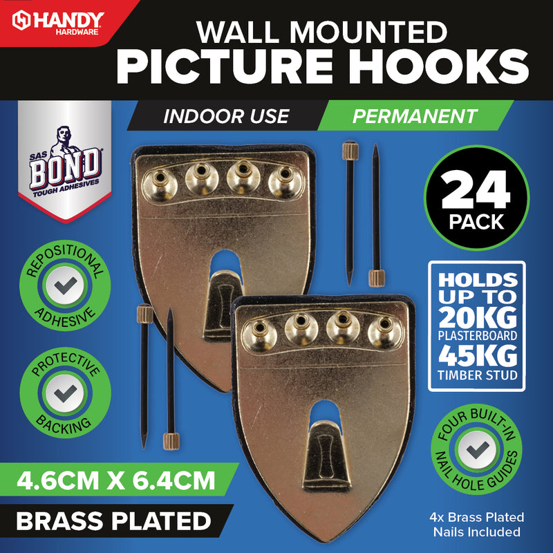 Handy Hardware 24PCE Picture Hooks Brass Plated Holding Capacity 20-45kg