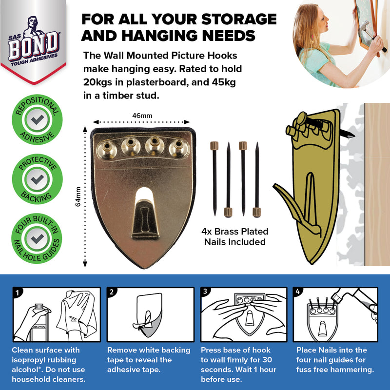 Handy Hardware 24PCE Picture Hooks Brass Plated Holding Capacity 20-45kg