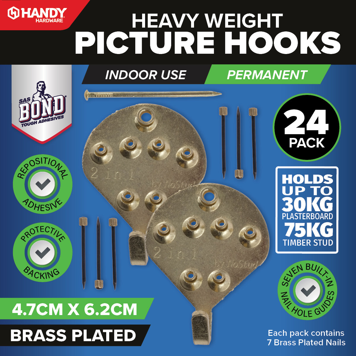 Handy Hardware 24PCE Picture Hooks Brass Plated Holding Capacity 30-75kg